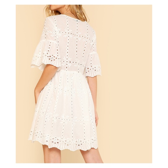 White Short Sleeve Eyelet Tassel Dress - Picture 3 of 5